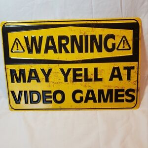 Warning May Yell At Video Games Retro  Distressed Embossed Metal Sign